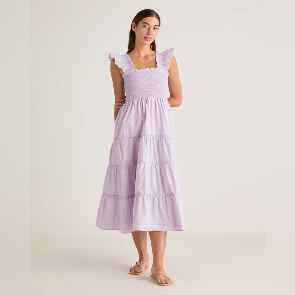 Quince Lavender Ruffle-Strap Smocked Midi Dress